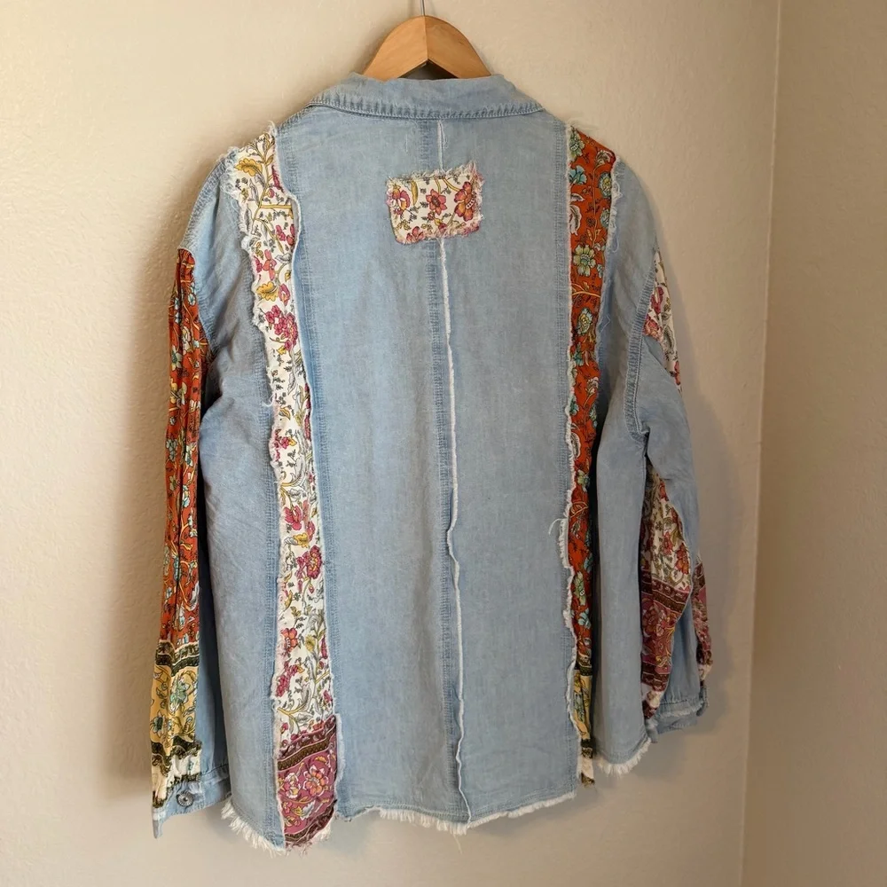 POL Light Wash Denim Patchwork Button Down Bohemian Shirt Top, Size Large - Picture 8 of 10